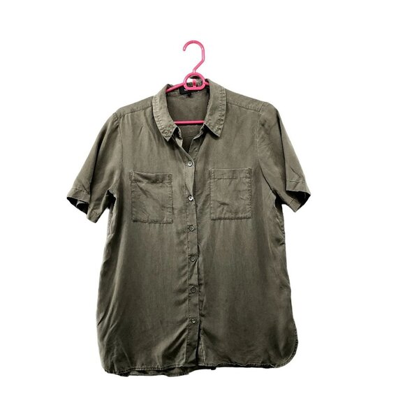 Theory Button Down Shirt Womens Size 6 Mayvine Tencel Green Short Sleeve Utility - Picture 1 of 9